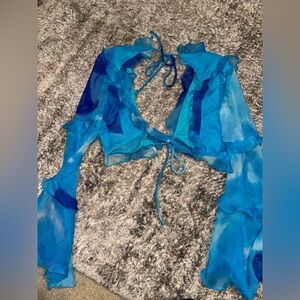 Blue Sheer Ruffled Tie-Front Top & Matching Skirt